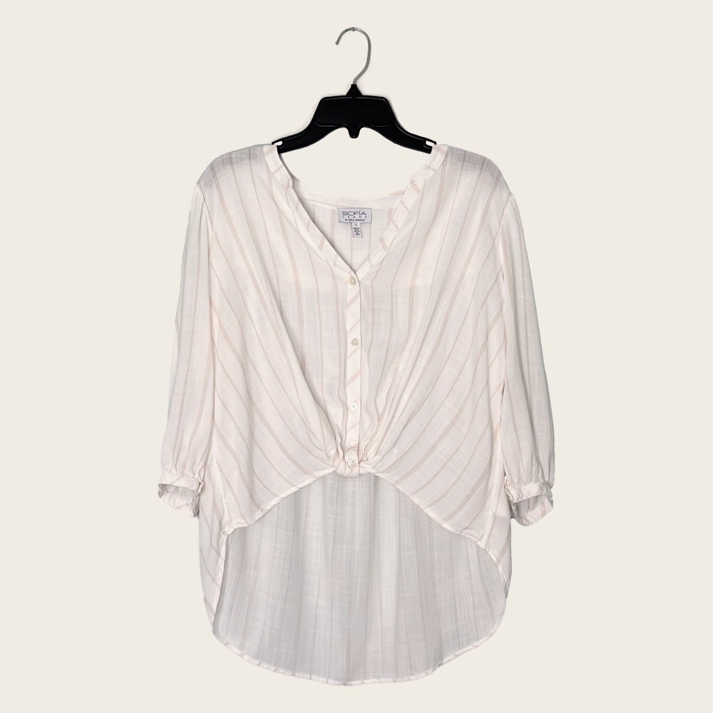 sofia by sofia vergara White Striped Hi Lo Button Down Knot Front Shirt